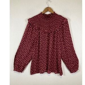 Victorian Inspired LOFT Women XL Burgundy Floral Smocked Ruffle High Neck Blouse